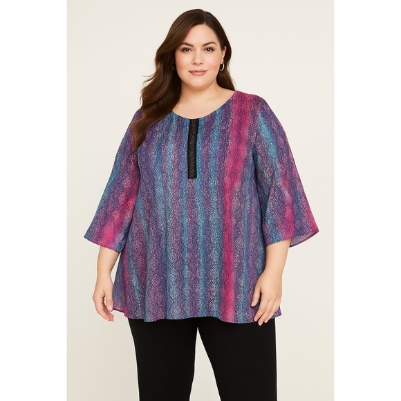 Catherines Top Womens Plus Size 3X‎ Wide Sleeve Pleated Keyhole Neckline Beaded - Picture 1 of 16